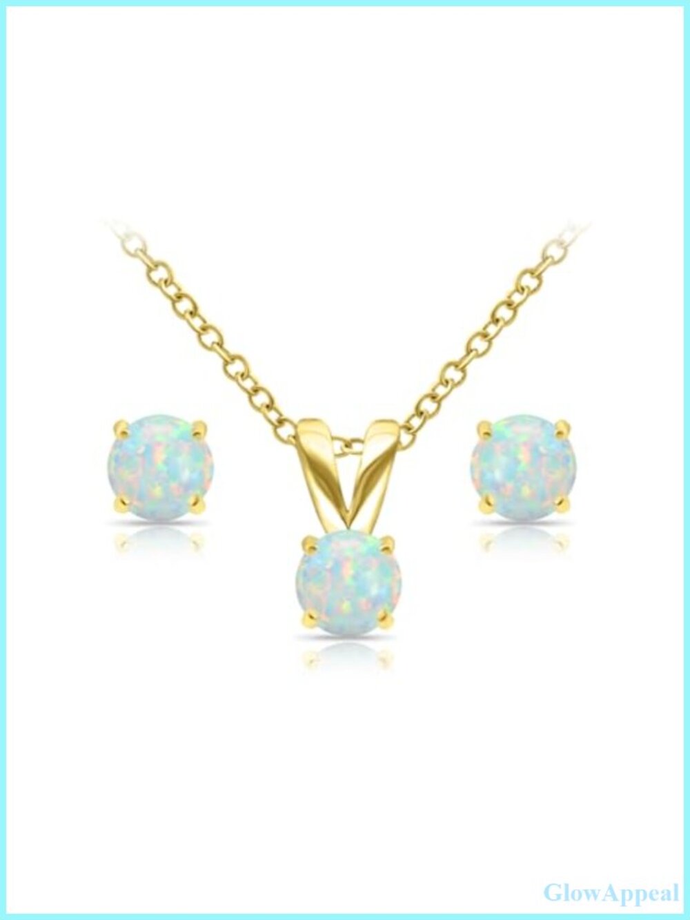 Sterling Silver Yellow Gold Flashed White Opal Necklace Earrings Set 5mm Round